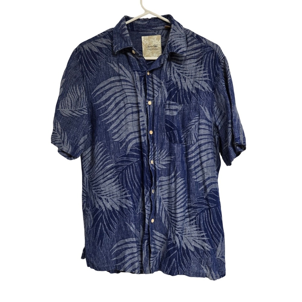 Tasso‎ Elba Island Mens Blue Silk Linen Palm Leaf Tropical Button Down Shirt M